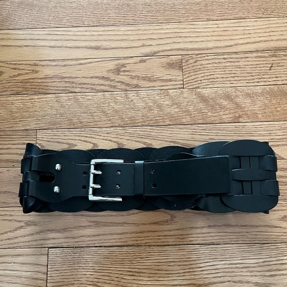 Club Monaco Black Woven Leather Wide  Belt with Silver Toned Buckle
